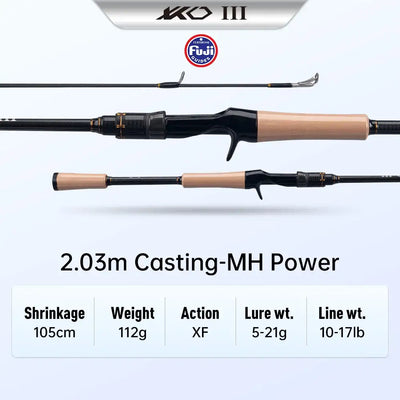 2.03m casting fishing rod with cork handle, black carbon finish, MH power
