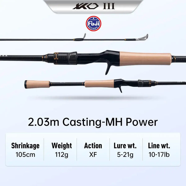 2.03m casting fishing rod with cork handle, black carbon finish, MH power