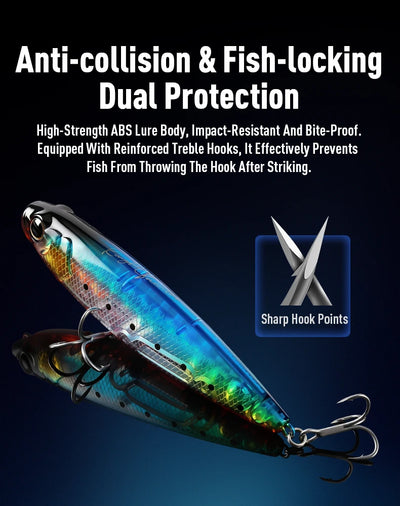 Floating hard fishing lure, teal-blue body with black spots and dual treble hooks