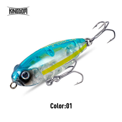 Floating pencil topwater fishing lure, light blue body with green-yellow stripe and treble hooks