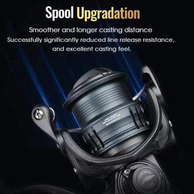 Black spinning fishing reel with upgraded line spool and handle arm