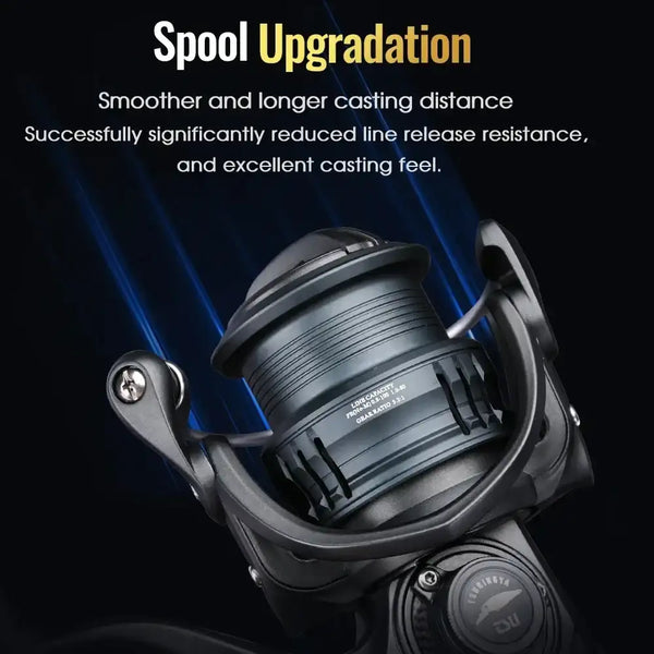 Black spinning fishing reel with upgraded line spool and handle arm