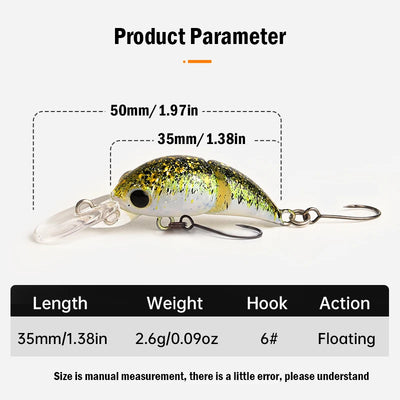 Micro two-section floating minnow crankbait with clear lip and treble hooks
