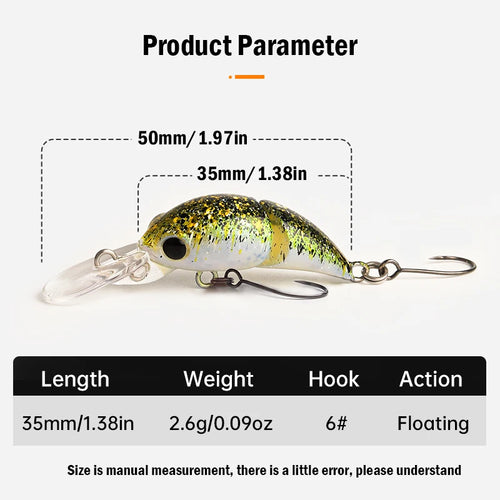 Micro two-section floating minnow crankbait with clear lip and treble hooks