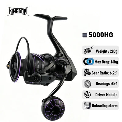 Kingdom saltwater spinning reel in black with purple accents, 5000HG size
