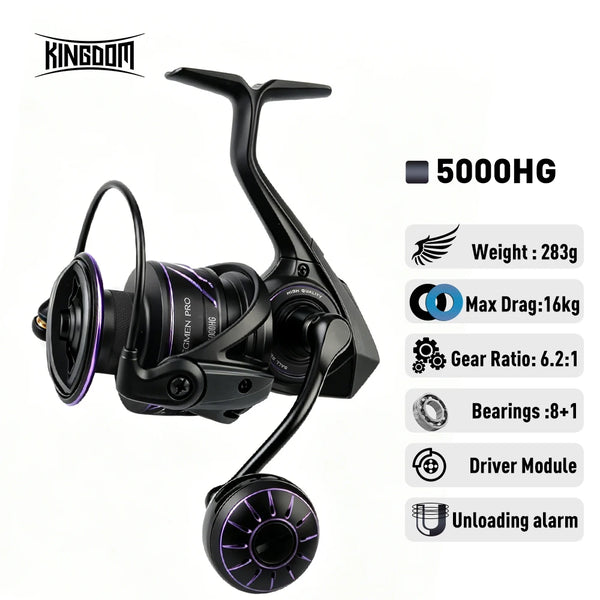 Kingdom saltwater spinning reel in black with purple accents, 5000HG size
