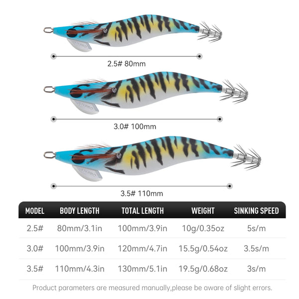 Three squid jig lures with size labels 2.5#, 3.0#, 3.5#, tiger stripe bodies and hooks
