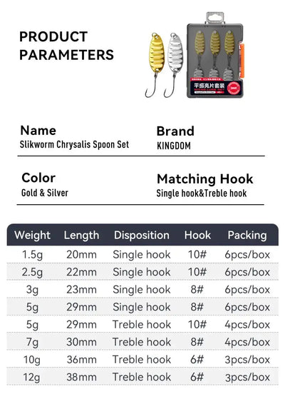 Fishing spoon lure set, gold and silver sequins with single and treble hooks (6 pcs)