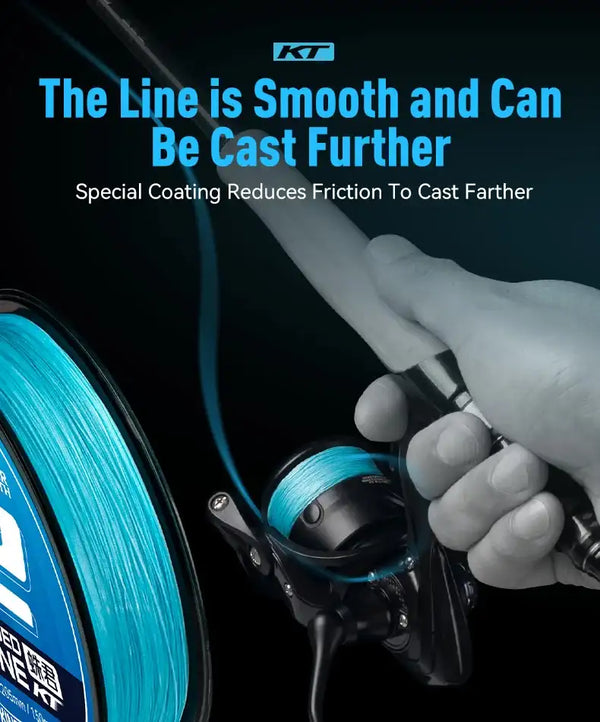 Braided PE fishing line on a reel with hand preparing to cast