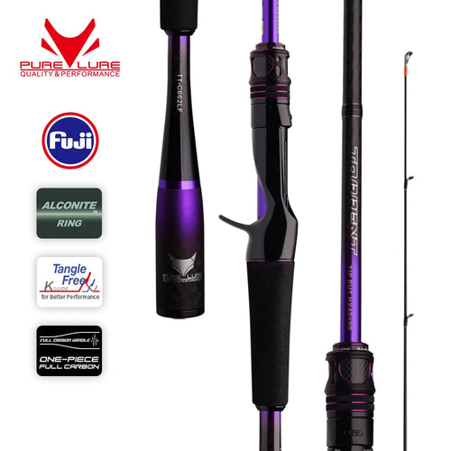 Purple and black fishing rod with Fuji guides and reel seat, side view