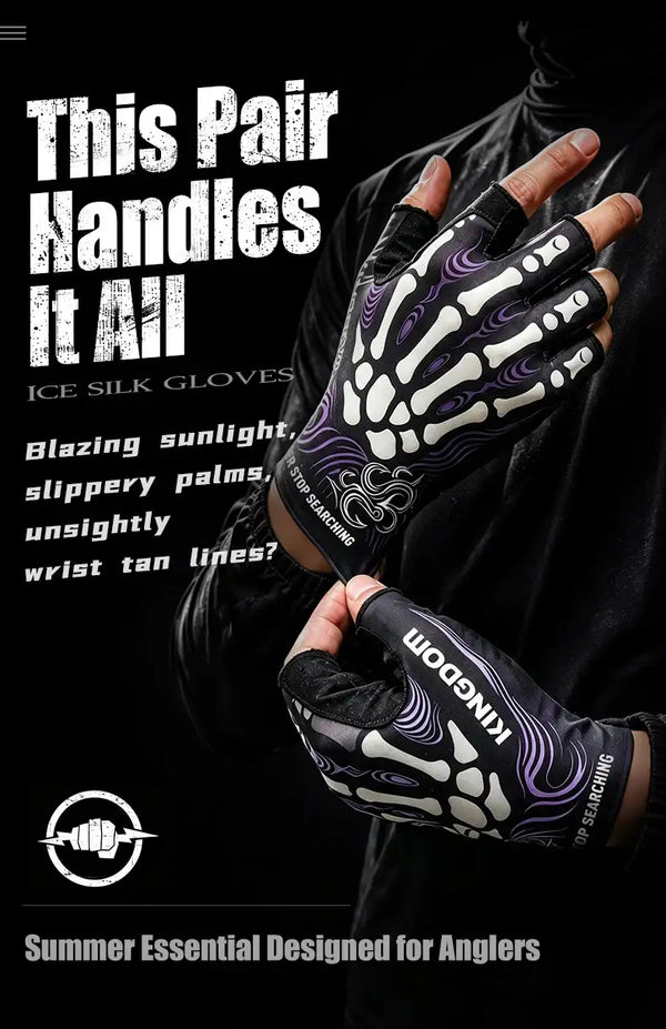 Black and purple half-finger ice silk fishing gloves with white paw design