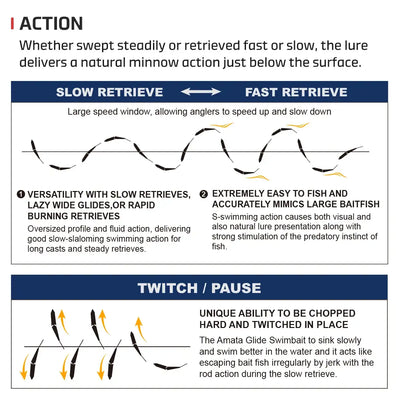 Swimbait action guide for slow retrieve and fast retrieve with twitch/pause movements