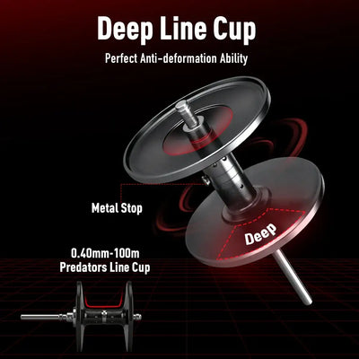 Black baitcasting reel deep line cup with metal stop and marked preloaded line cup