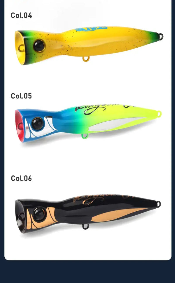 Color display card featuring yellow, blue-green, and black popper fishing lures