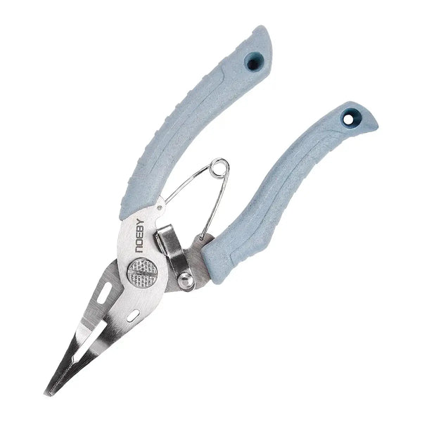 Close-up of blue mini split ring pliers with stainless steel jaws and wire loop