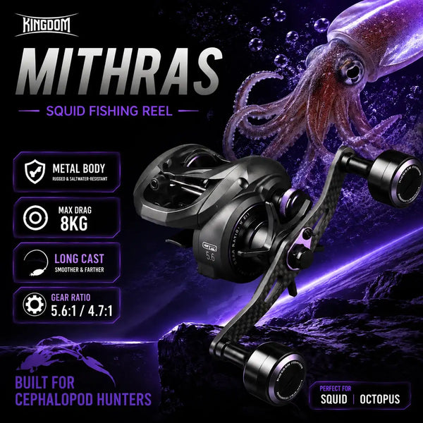 Mithras baitcasting fishing reel with black carbon fiber body and aluminum frame, dual handles.