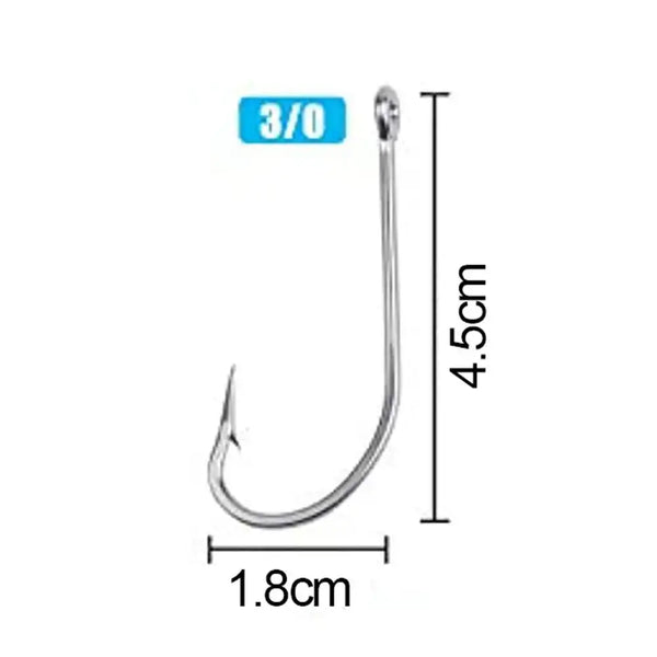 Stainless steel J-hook fishing hook with curved shank and barbed tip