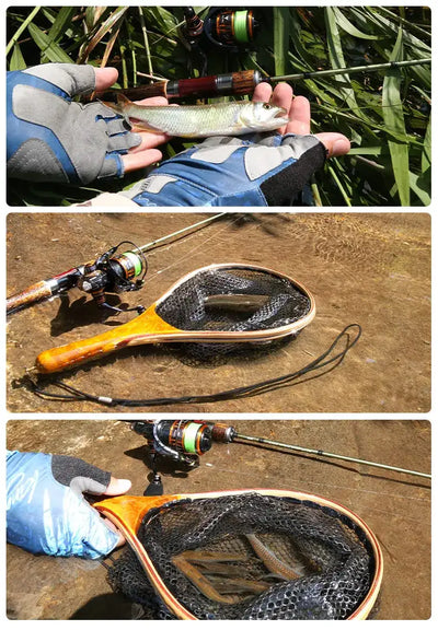 Fishing rod and spinning reel in use on muddy ground with a caught fish and net