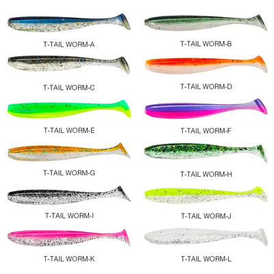T-tail soft plastic shad color assortment, assorted glittery bodies with fin-like tails.