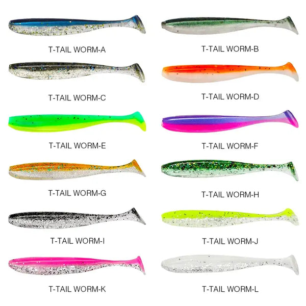 T-tail soft plastic shad color assortment, assorted glittery bodies with fin-like tails.