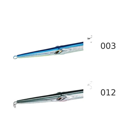 Sinking pencil lure set: blue/silver (003) and dark/white (012), with treble hooks