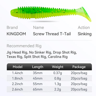 Neon green screw thread T-tail soft plastic fishing lure with forked fin tail