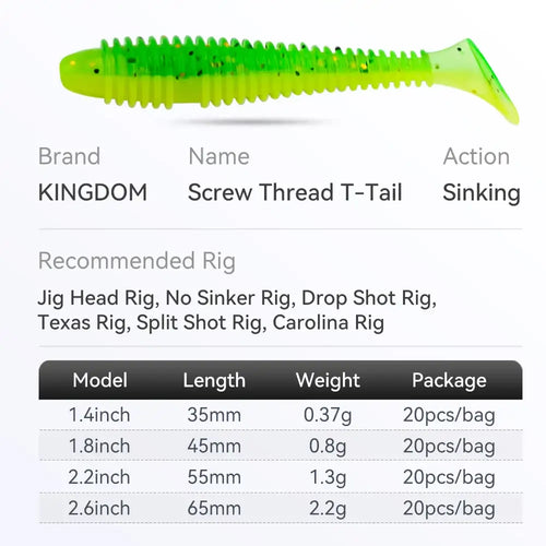 Neon green screw thread T-tail soft plastic fishing lure with forked fin tail