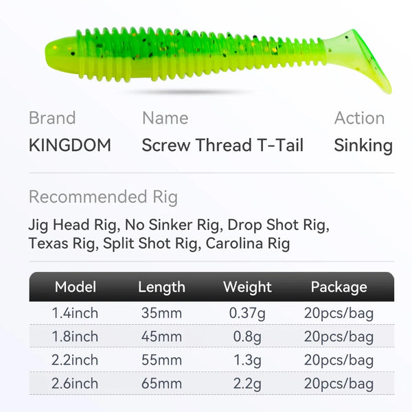 Neon green screw thread T-tail soft plastic fishing lure with forked fin tail