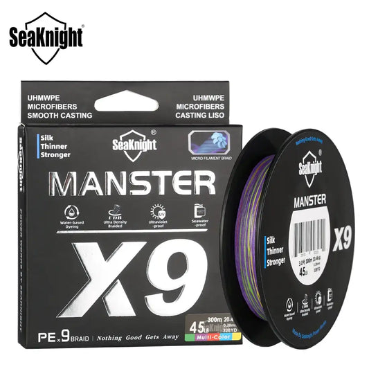 SeaKnight braided fishing line spool with Monster X9 packaging and black multi-color line reel