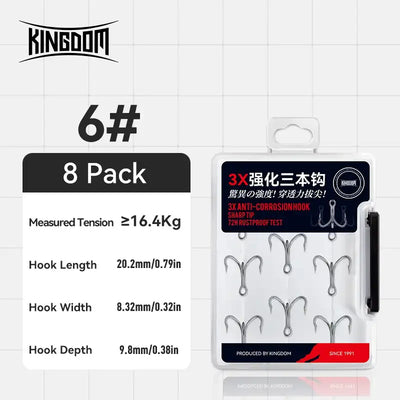 6# treble hook 8-pack, 3X corrosion-resistant hooks on retail card