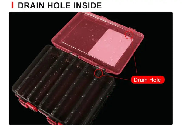 Tackle box with inner drain hole beneath a transparent lid over compartment base