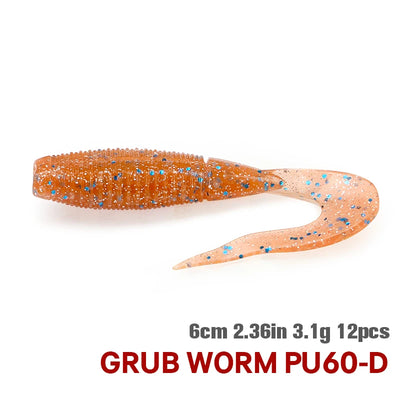 TSURINOYA curled grub worm soft bait, orange with blue speckles, 60mm 3.1g, 12pcs