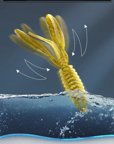 Yellow-green speckled silicone worm lure with curled tail in water