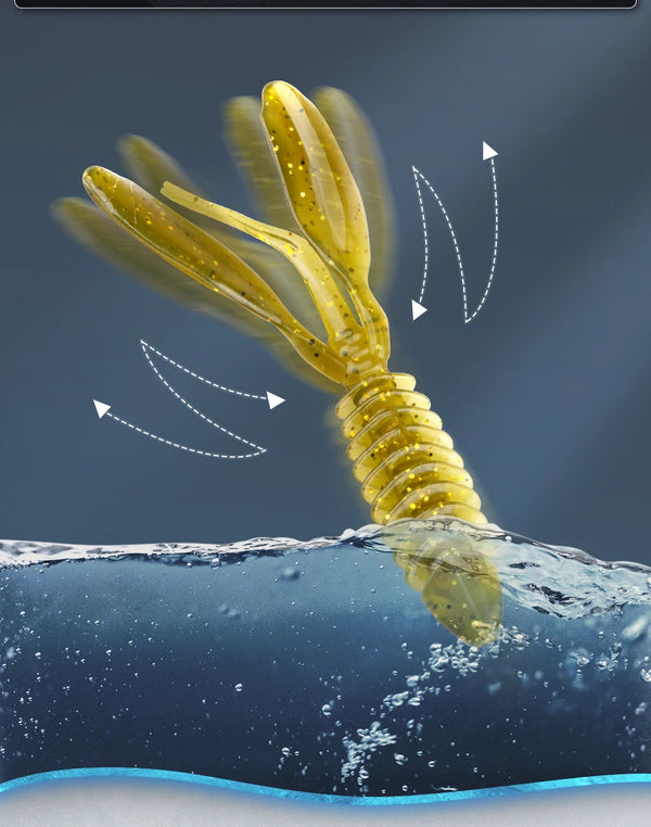 Yellow-green speckled silicone worm lure with curled tail in water