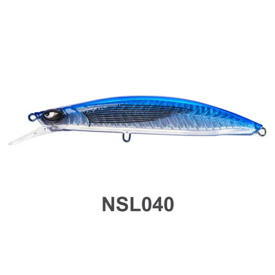 Floating minnow jerkbait with metallic blue back and white belly
