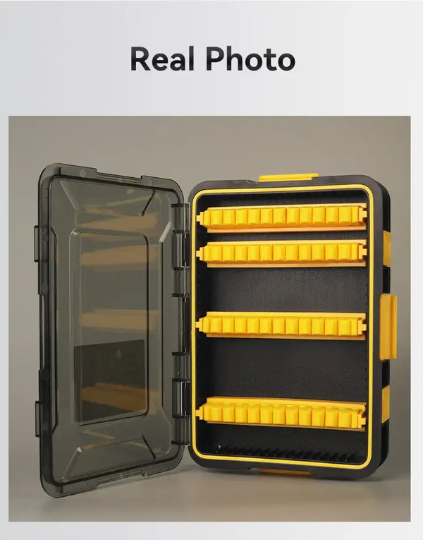 Lure storage box open with transparent lid and four yellow compartment rows inside