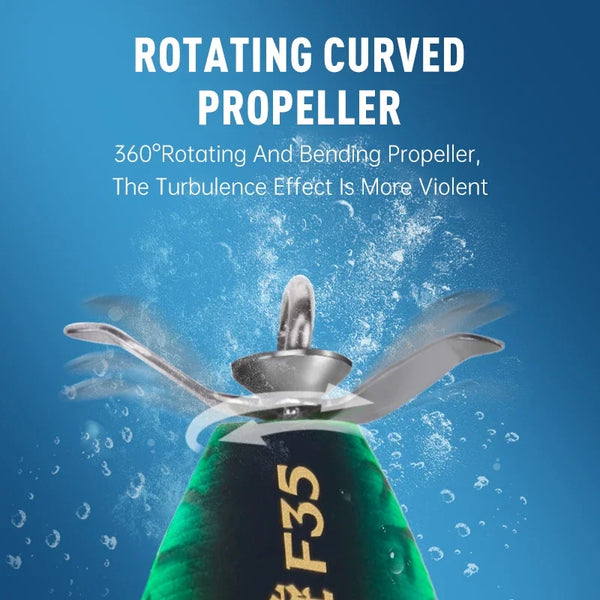 Topwater wobbler lure with rotating propeller and treble hooks, green body