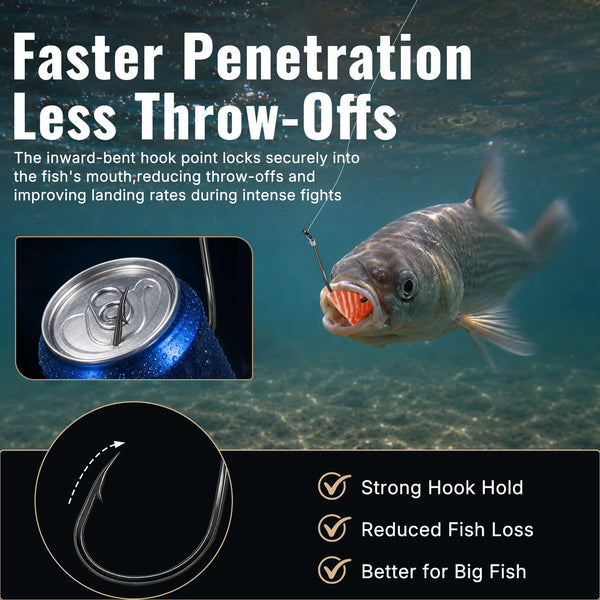 Octopus hook infographic showing in-bent point for better penetration and landing
