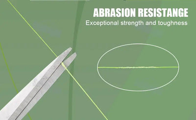 Abrasion-resistant coated braided fishing line close-up, gray strand fibers