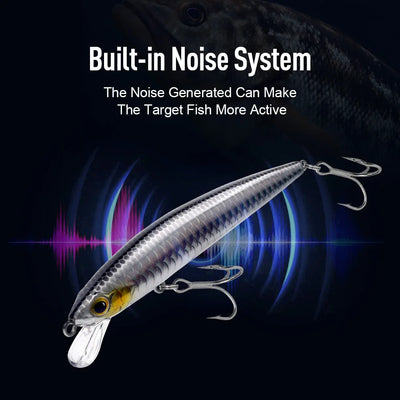 Suspending minnow hard bait with white-silver body and yellow eye, suspended treble hooks