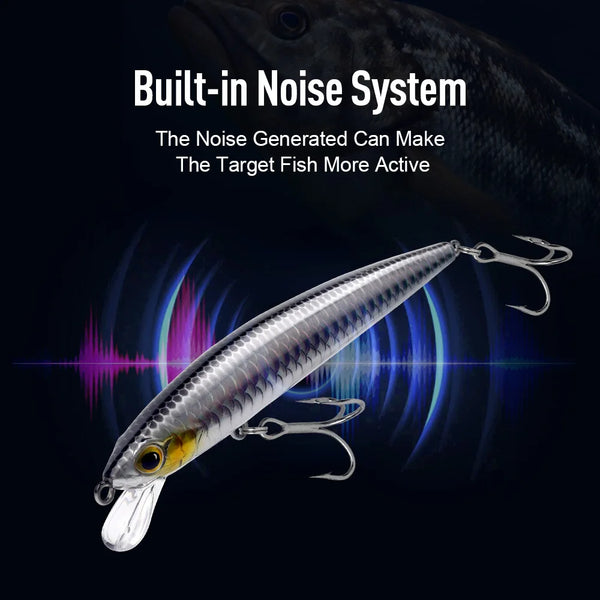 Suspending minnow hard bait with white-silver body and yellow eye, suspended treble hooks
