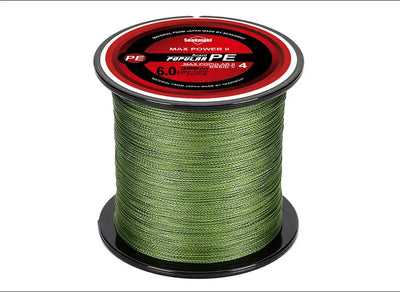 Green braided PE fishing line spool with red top label