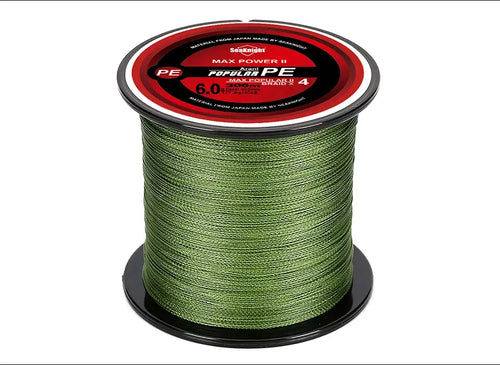 Green braided PE fishing line spool with red top label