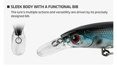 Sleek floating minnow lure with functional bib, teal body, red eye, and treble hooks.