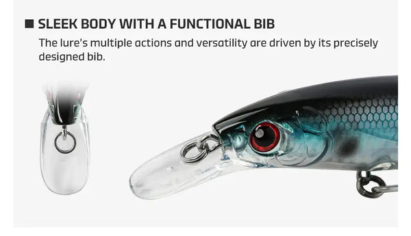 Sleek floating minnow lure with functional bib, teal body, red eye, and treble hooks.