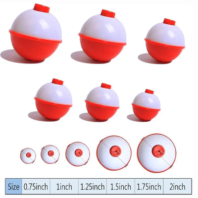 Set of red and white round push-button fishing slip bobbers, ABS float buoys
