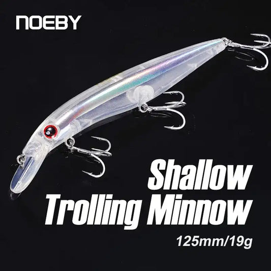 Silver translucent floating minnow lure with red eye and treble hooks, 125mm/19g