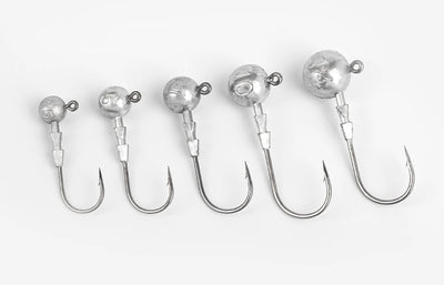 Set of five triple-edge lead head jig hooks with silver lead heads and curved hooks