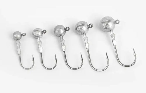 Set of five triple-edge lead head jig hooks with silver lead heads and curved hooks