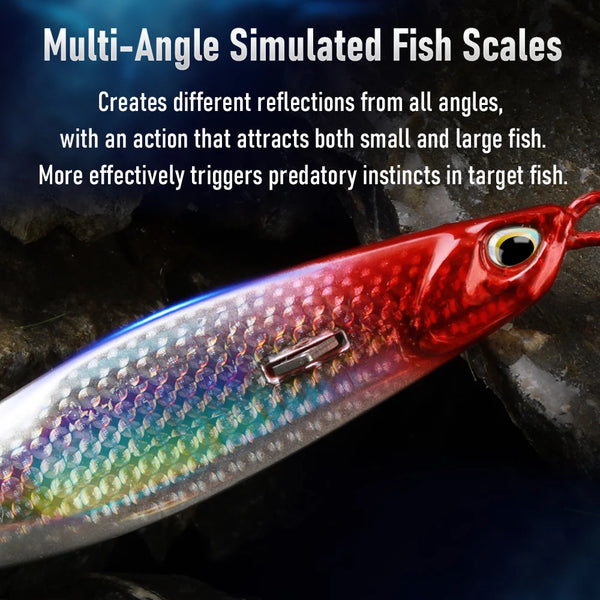 Close-up red long casting jigging lure with holographic scale finish and treble hook